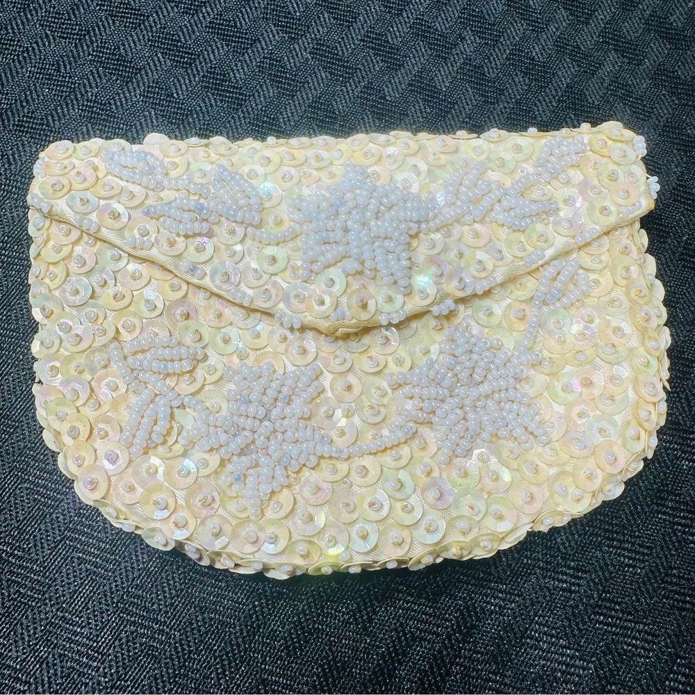 Vintage‎ Safco Beaded Sequin Coin Purse Ivory Evening Bag Handmade Hong Kong